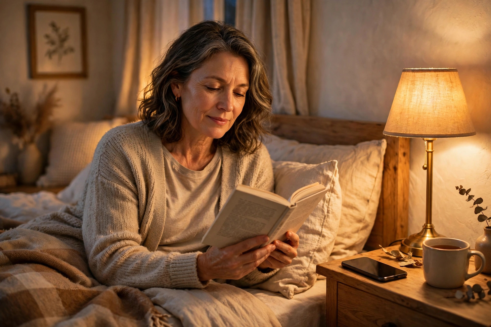 Woman awake reading in bed at night beside a glowing lamp, illustrating the stress-sleep loop
